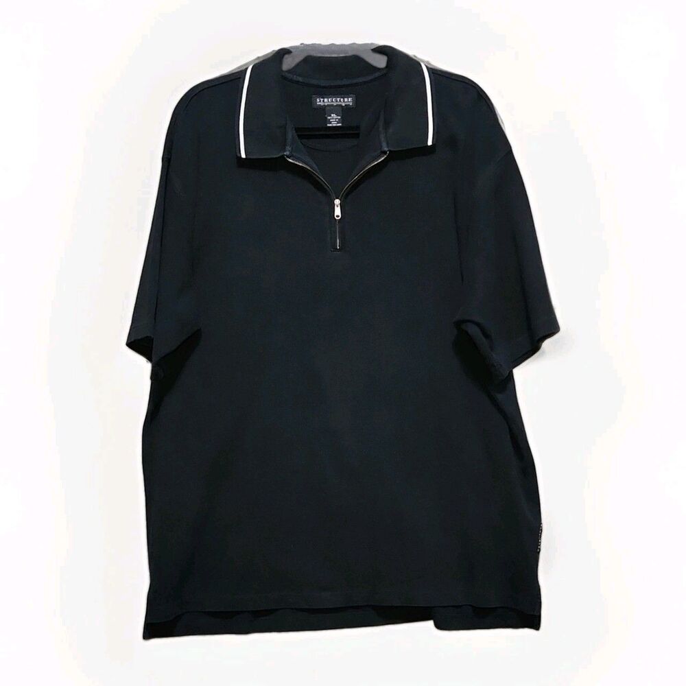 Structure Men's Black Solid Short Sleeve 1/4 Zip Cotton Polo Shirt XL